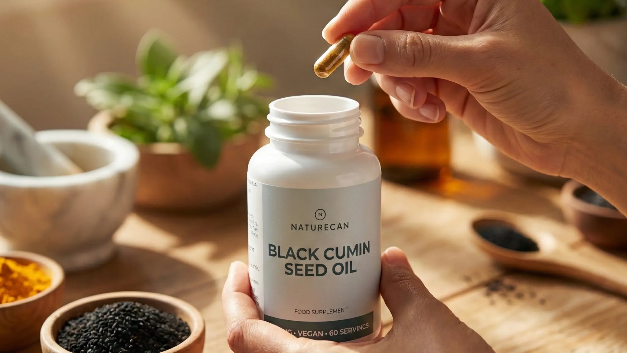 Hands holding a Naturecan Black Cumin Seed Oil supplement bottle and a golden capsule on a wooden surface surrounded by black seeds, turmeric, and herbs