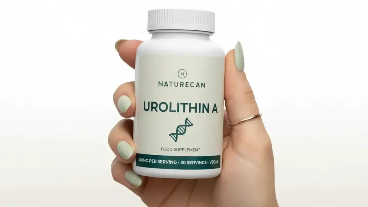 Hand with light green nails holding a white Naturecan Urolithin A food supplement bottle – 390mg per serving, 30 servings, vegan – featuring a DNA helix graphic