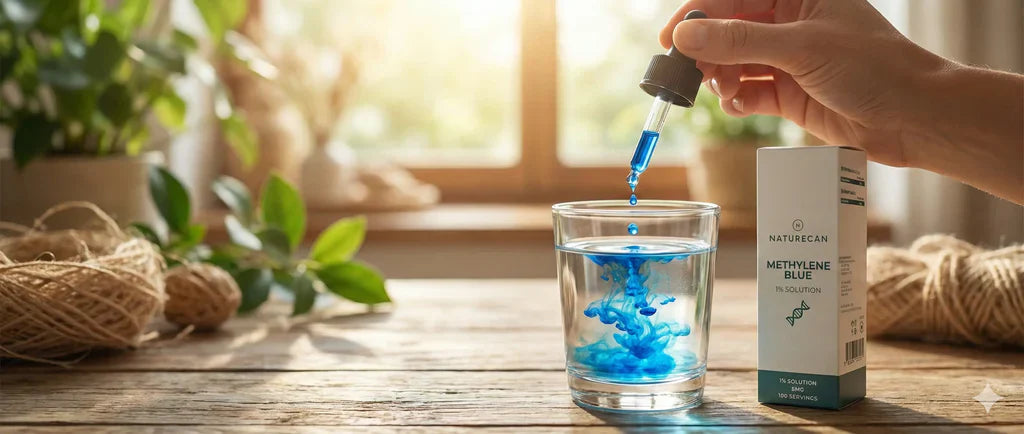Hand using a dropper to add vivid blue methylene blue drops into a glass of water, with a Naturecan Methylene Blue 1% Solution box on a sunlit wooden table