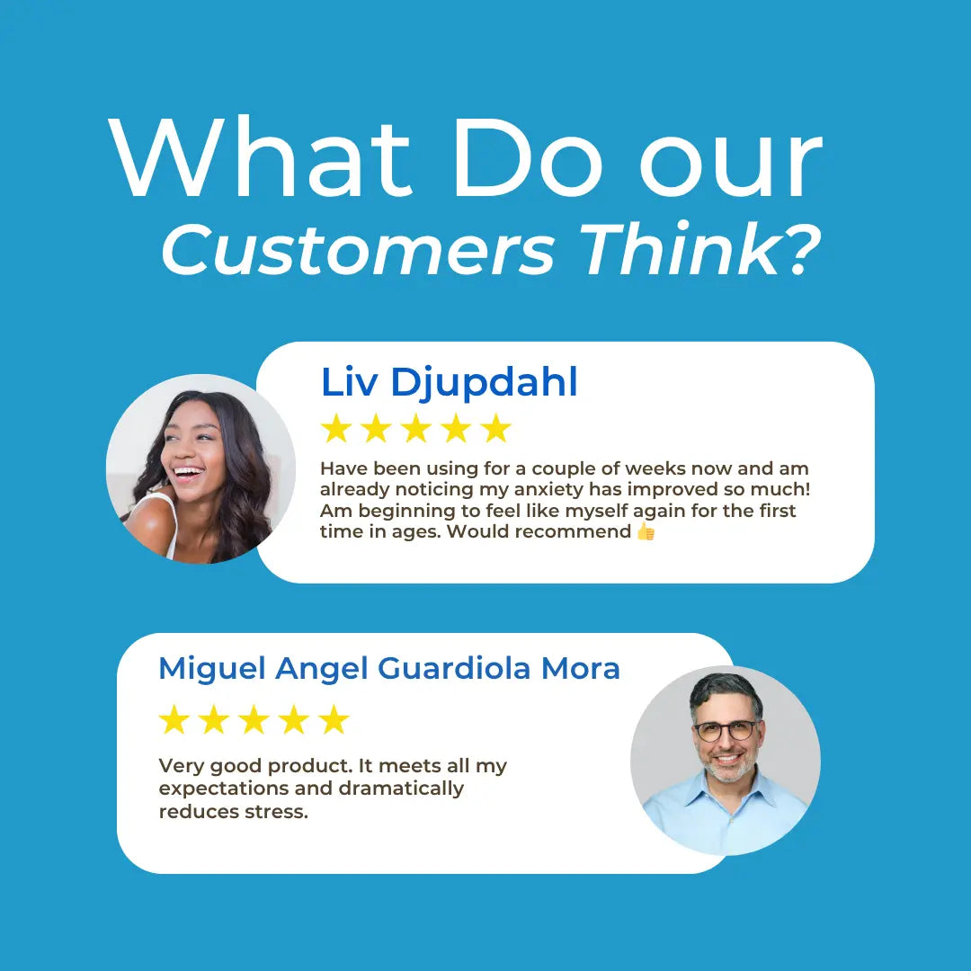 CBD Ashwagandha Gummies customer reviews – blue background showing two 5-star testimonials: Liv Djupdahl reporting improved anxiety, Miguel Angel Guardiola Mora confirming it reduces stress
