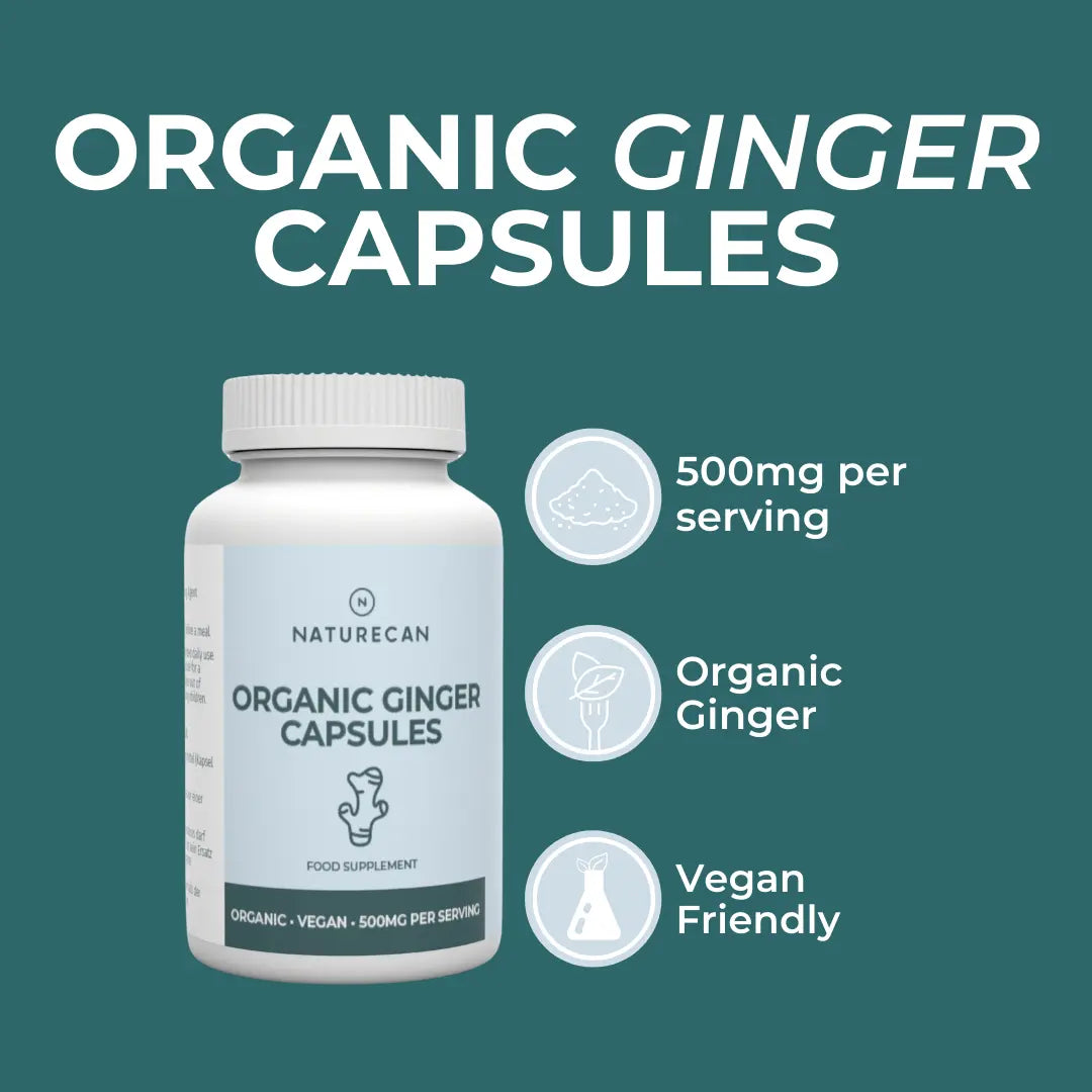 Organic Ginger Capsules product highlights infographic – teal background with bottle and three callouts: 500mg per serving, organic ginger, vegan friendly