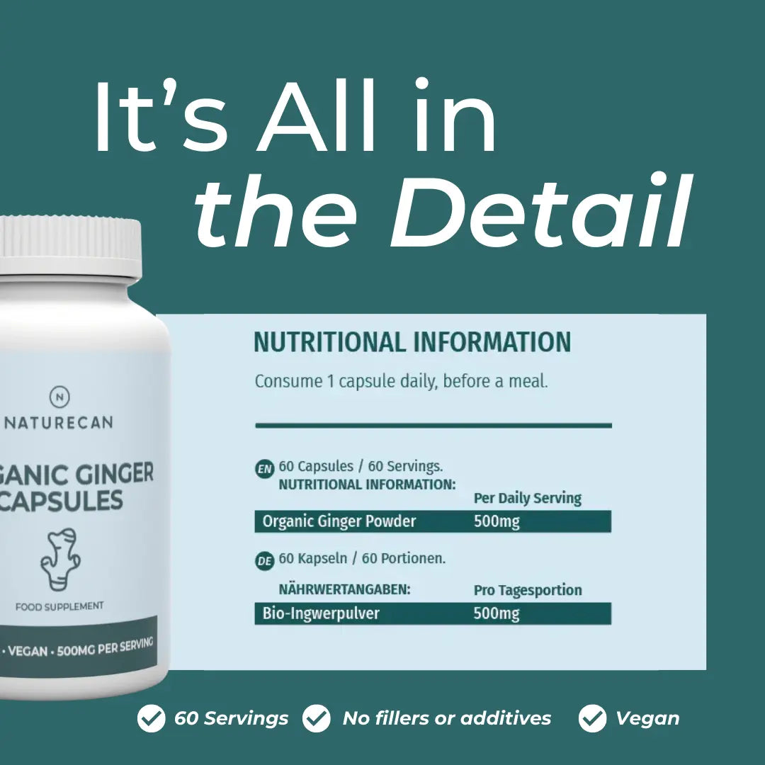 Organic Ginger Capsules nutritional information infographic – teal background showing 60 capsules per 60 servings (1 capsule daily before a meal), Organic Ginger Powder 500mg per daily serving; bilingual English and German label; checklist: 60 servings, no fillers or additives, vegan