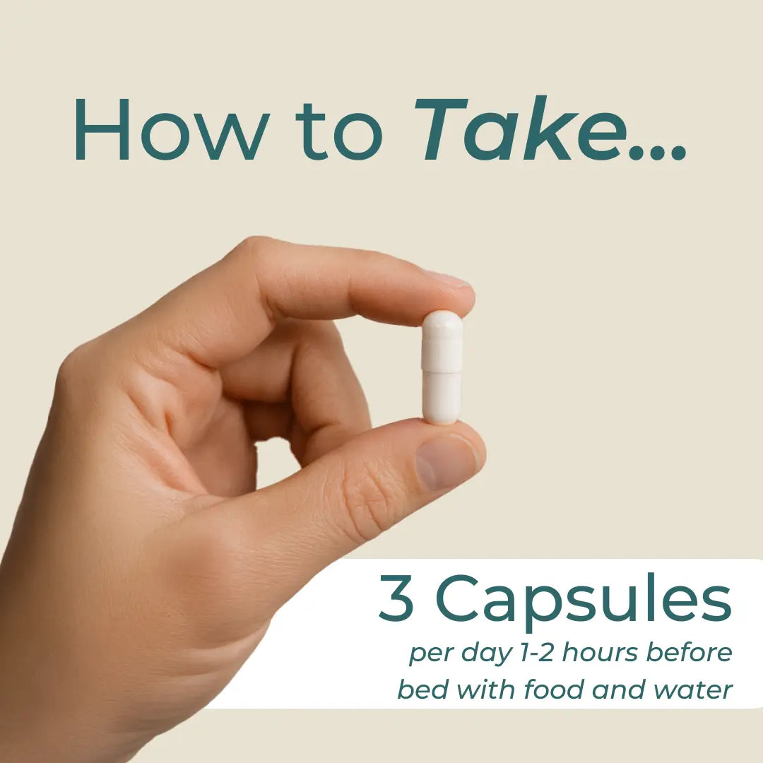 How to take Magnesium L-Threonate infographic – cream background with hand holding white capsule; take 3 capsules per day, 1-2 hours before bed with food and water