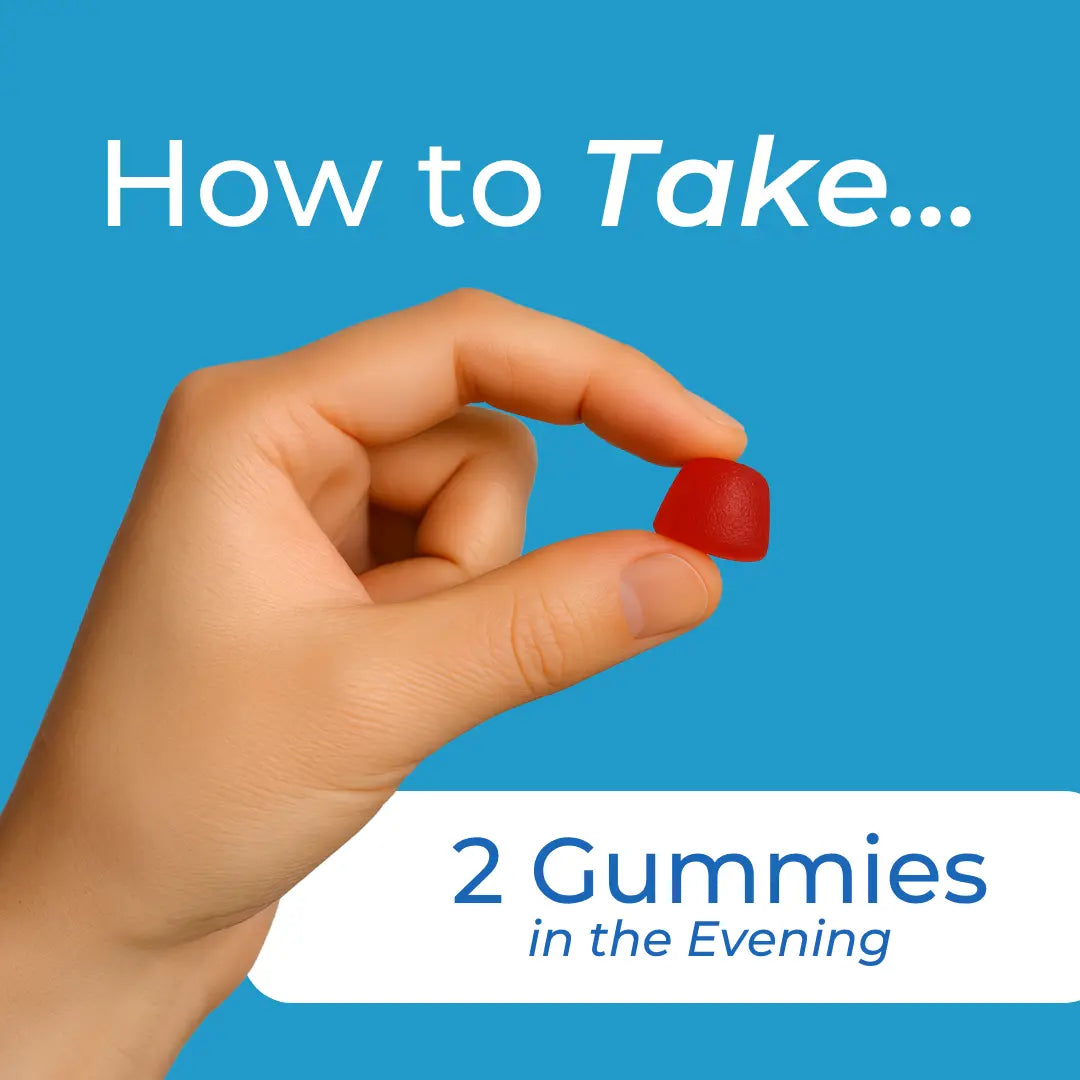 How to take CBD Ashwagandha Relax Gummies – blue background with hand holding single red gummy, instruction to take 2 gummies in the evening
