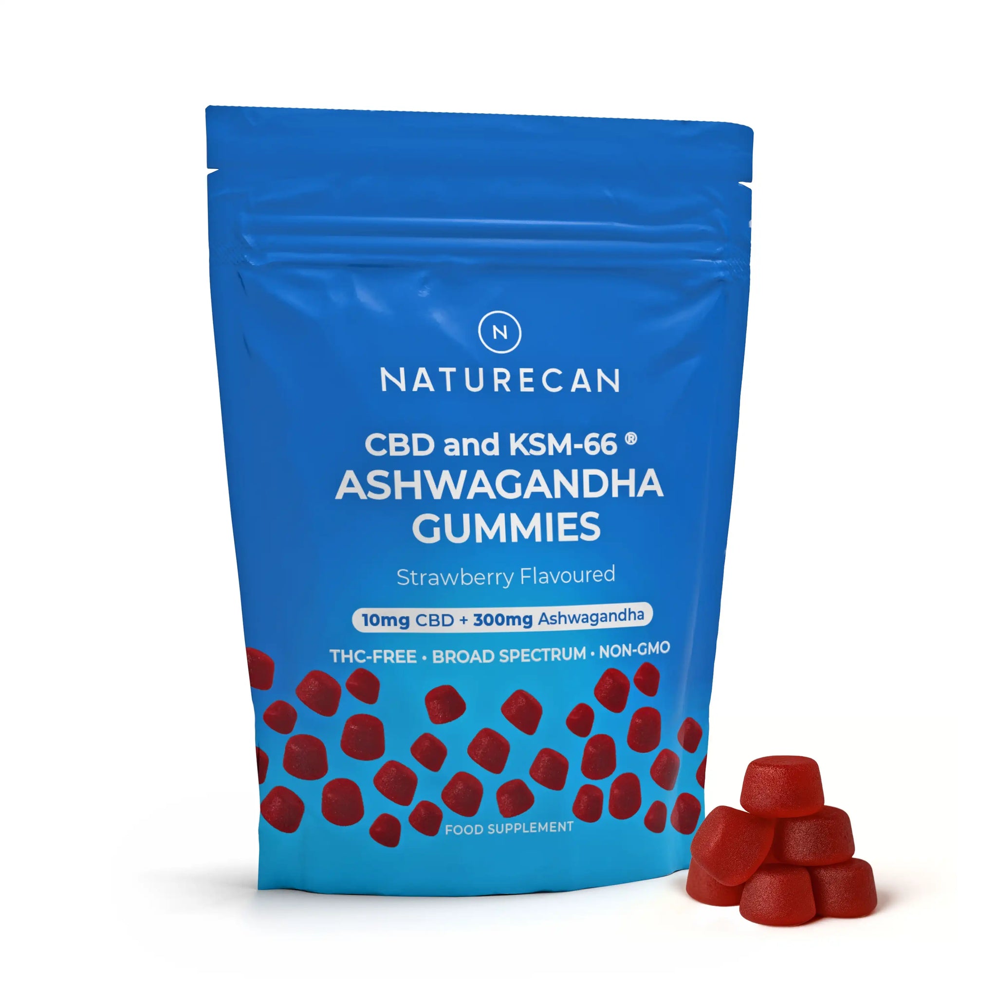 Naturecan CBD and KSM-66 Ashwagandha Gummies – blue resealable pouch, Strawberry Flavoured, 10mg CBD + 300mg Ashwagandha per gummy, THC-Free, Broad Spectrum, Non-GMO, with red gummies beside it