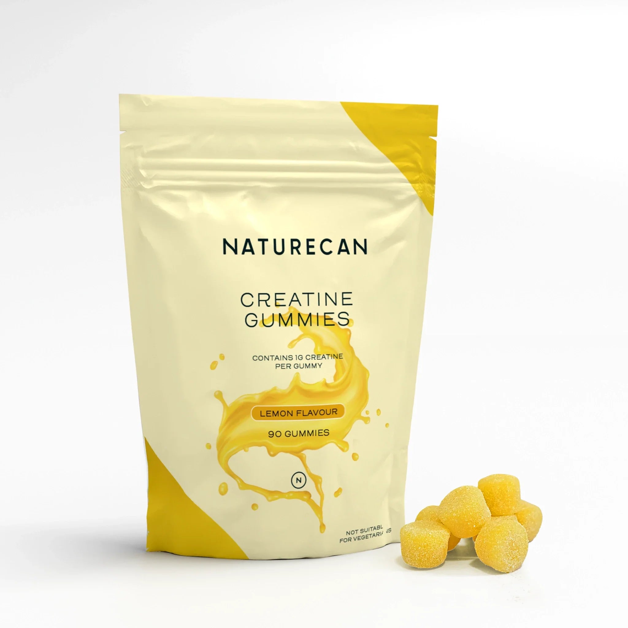 Naturecan Creatine Gummies – yellow and cream resealable pouch, Lemon Flavour, 1g creatine monohydrate per gummy, 90 gummies, suitable for vegans