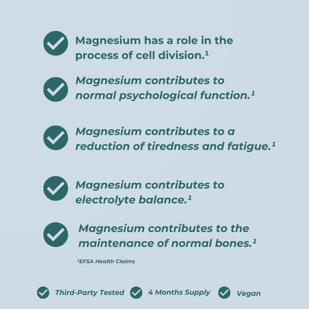 Naturecan Magnesium Glycinate 3:1 benefits checklist – five EFSA health claims: cell division, normal psychological function, reduction of tiredness and fatigue, electrolyte balance, maintenance of normal bones; third-party tested, 4 months supply, vegan