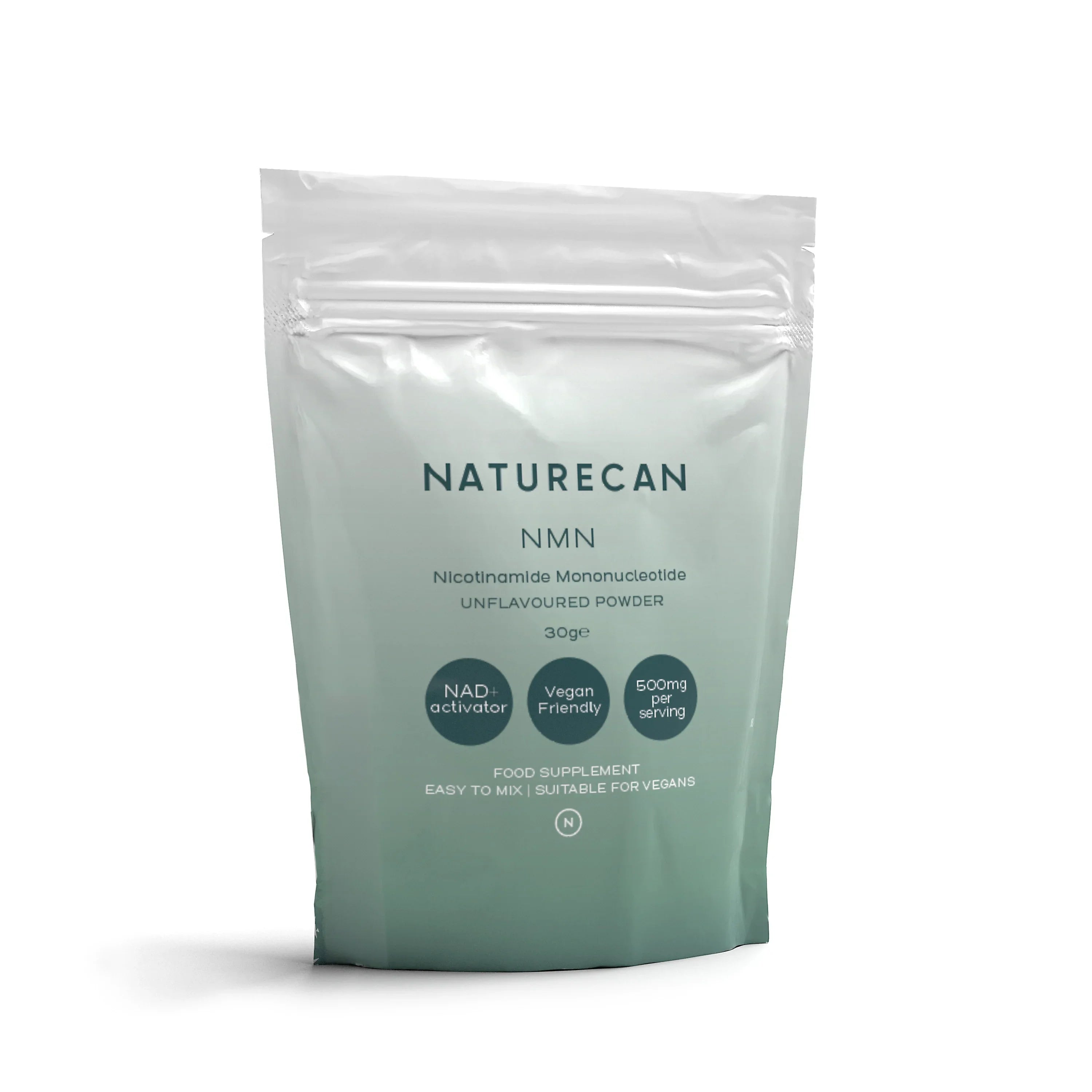 Naturecan NMN Powder – white and teal resealable pouch, Nicotinamide Mononucleotide Unflavoured Powder 30g, NAD+ activator, Vegan Friendly, 500mg per serving, food supplement
