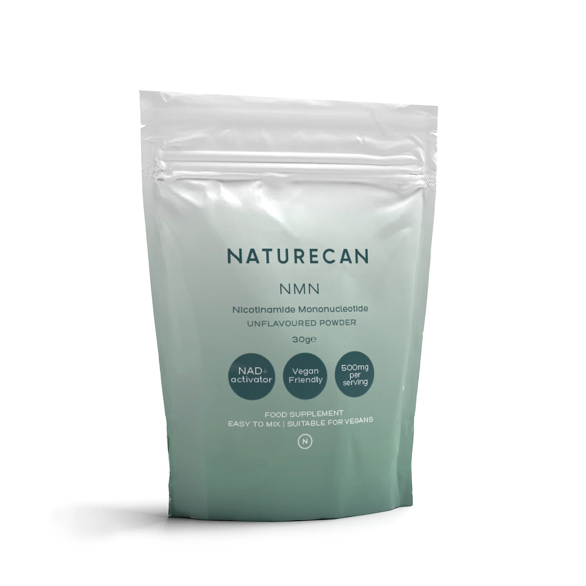 Naturecan NMN Powder – white and teal resealable pouch, Nicotinamide Mononucleotide Unflavoured Powder 30g, NAD+ activator, Vegan Friendly, 500mg per serving, food supplement