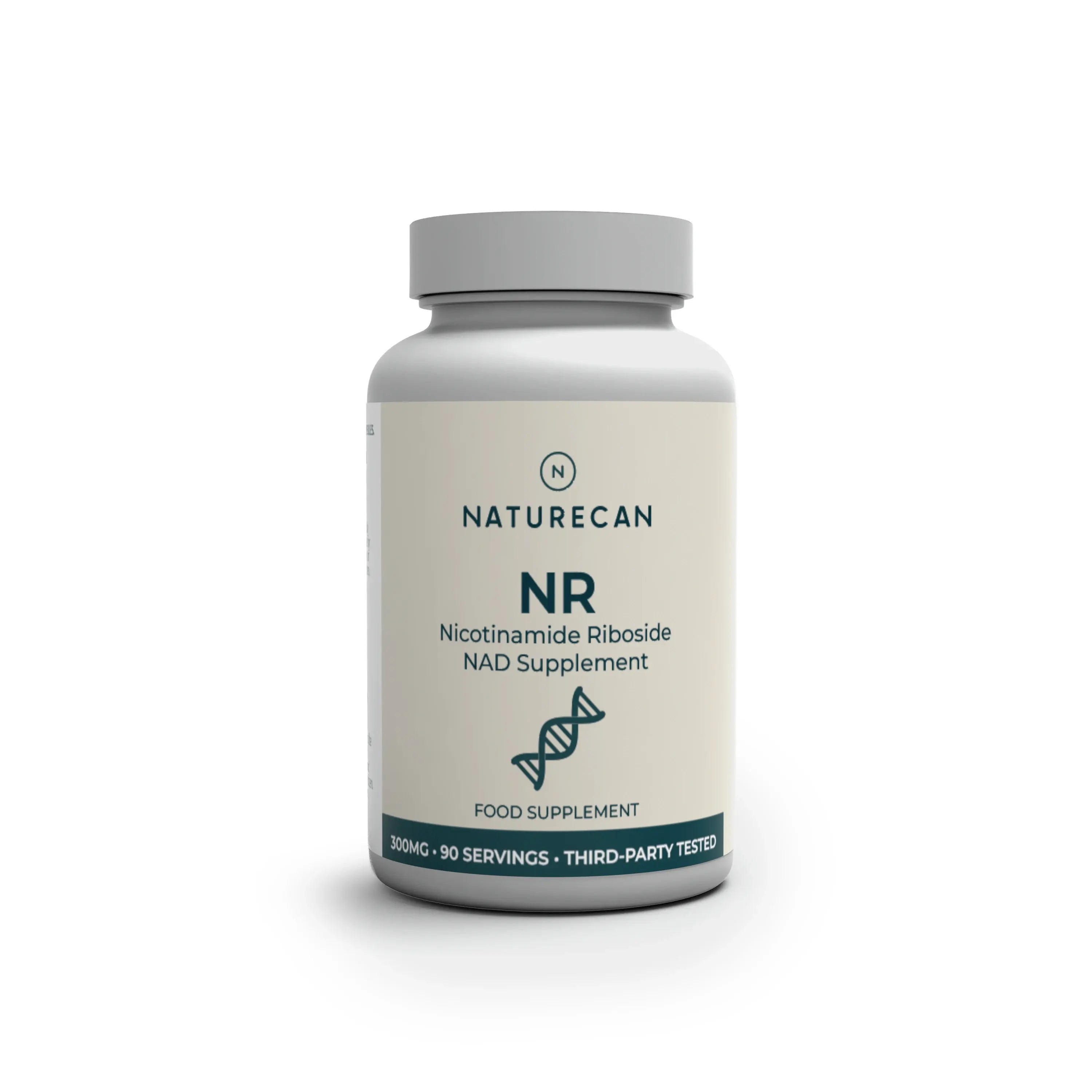 Naturecan NR Nicotinamide Riboside NAD Supplement – grey and teal bottle with DNA helix, 300mg, 90 servings, third-party tested, food supplement