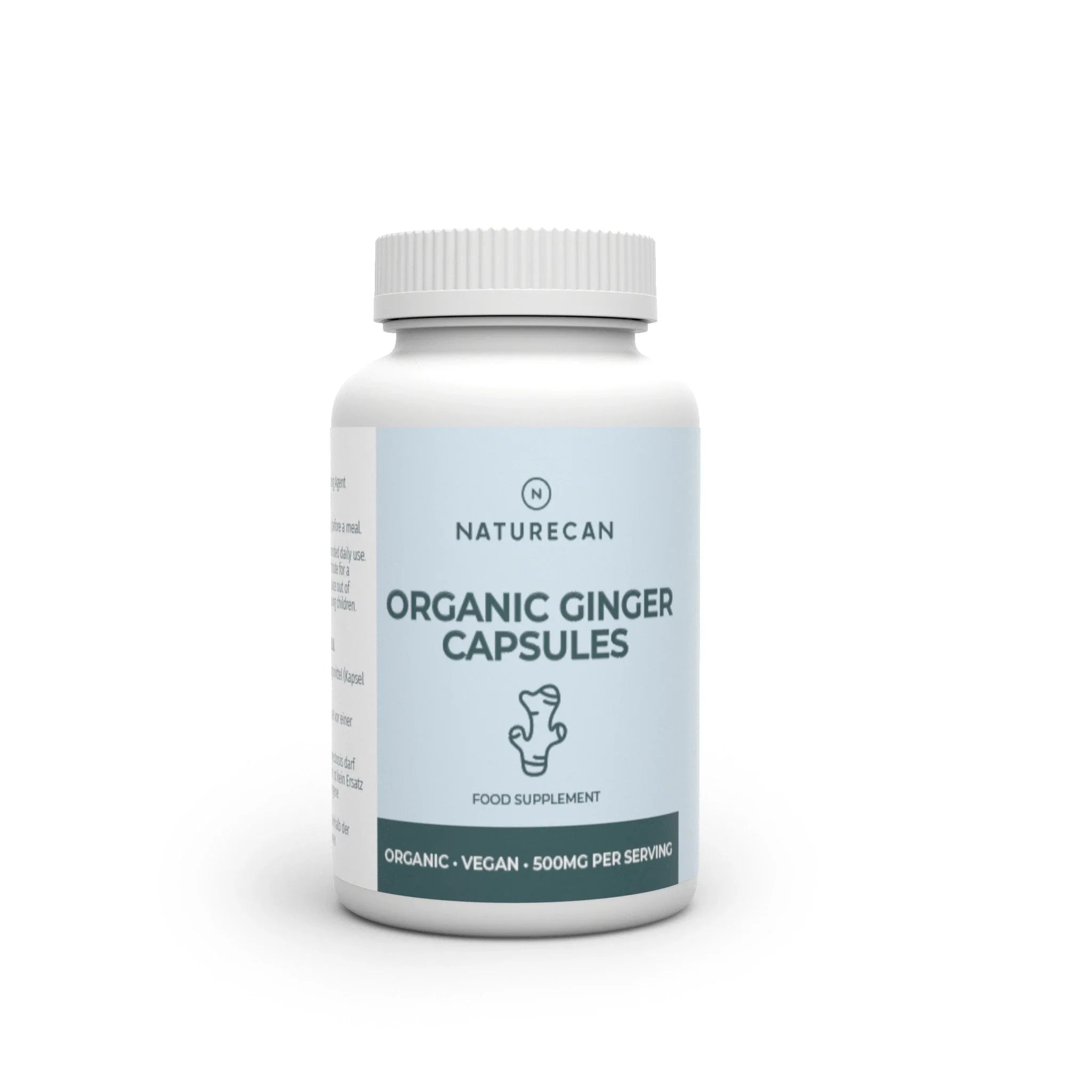 Naturecan Organic Ginger Capsules – white and light blue bottle with ginger root icon, Organic Ginger Capsules, food supplement, organic, vegan, 500mg per serving