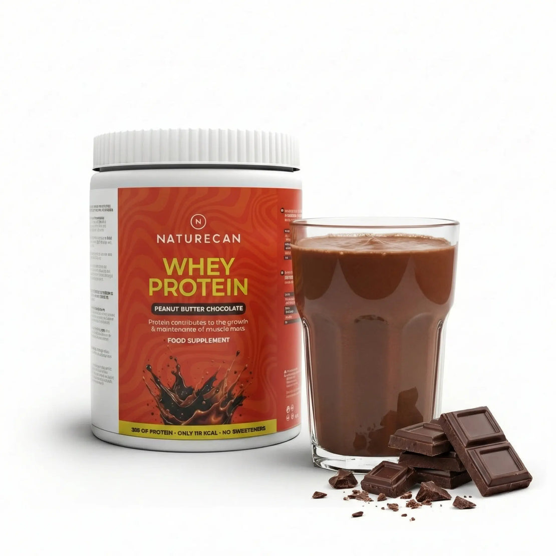 Naturecan Whey Protein Peanut Butter Chocolate with prepared shake – orange tub beside glass of chocolate protein shake and chocolate pieces, 35g protein, 118 kcal, no sweeteners