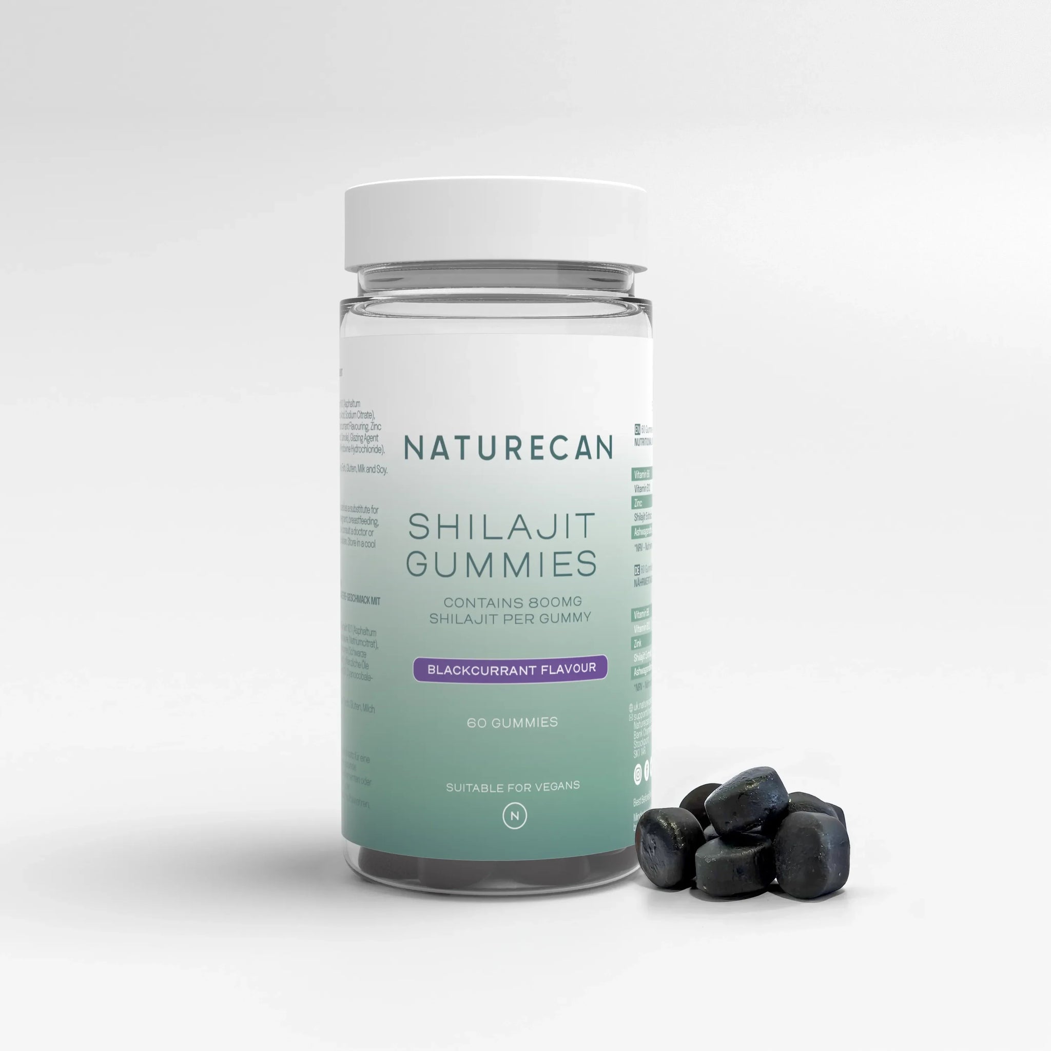 Naturecan Shilajit Gummies – clear bottle with teal label, 800mg Shilajit per gummy, Blackcurrant Flavour, 60 gummies, suitable for vegans, with dark cube gummies beside it