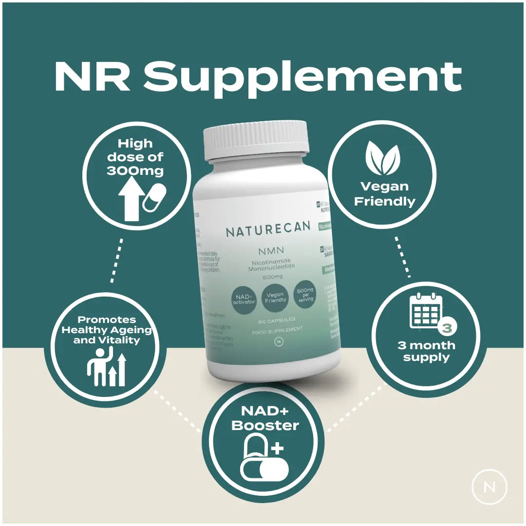 Naturecan NR Supplement key benefits infographic – bottle on teal background with callouts: high dose 300mg, vegan friendly, promotes healthy ageing and vitality, NAD+ booster, 3 month supply
