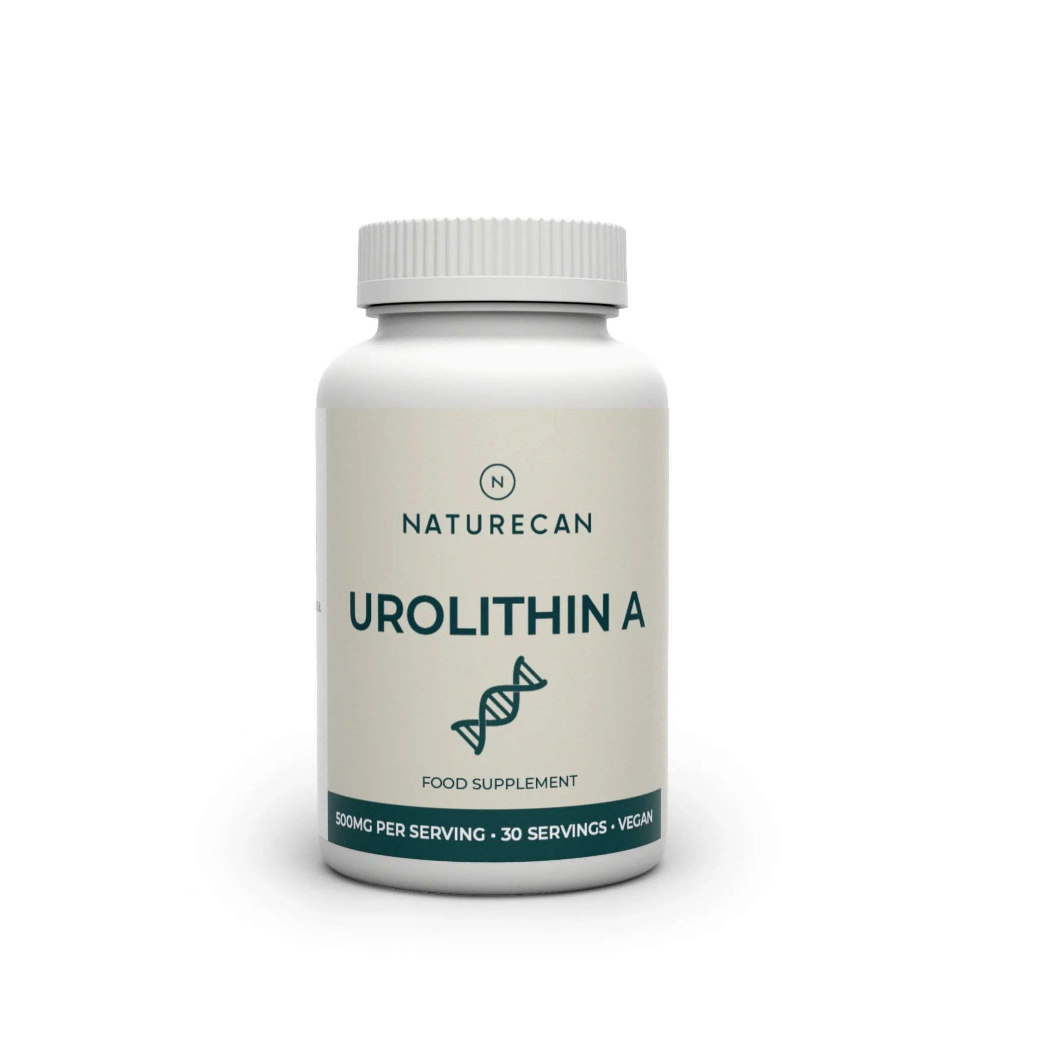 Naturecan Urolithin A Supplement – white and cream bottle with teal label, Urolithin A with DNA helix icon, food supplement, 500mg per serving, 30 servings, vegan