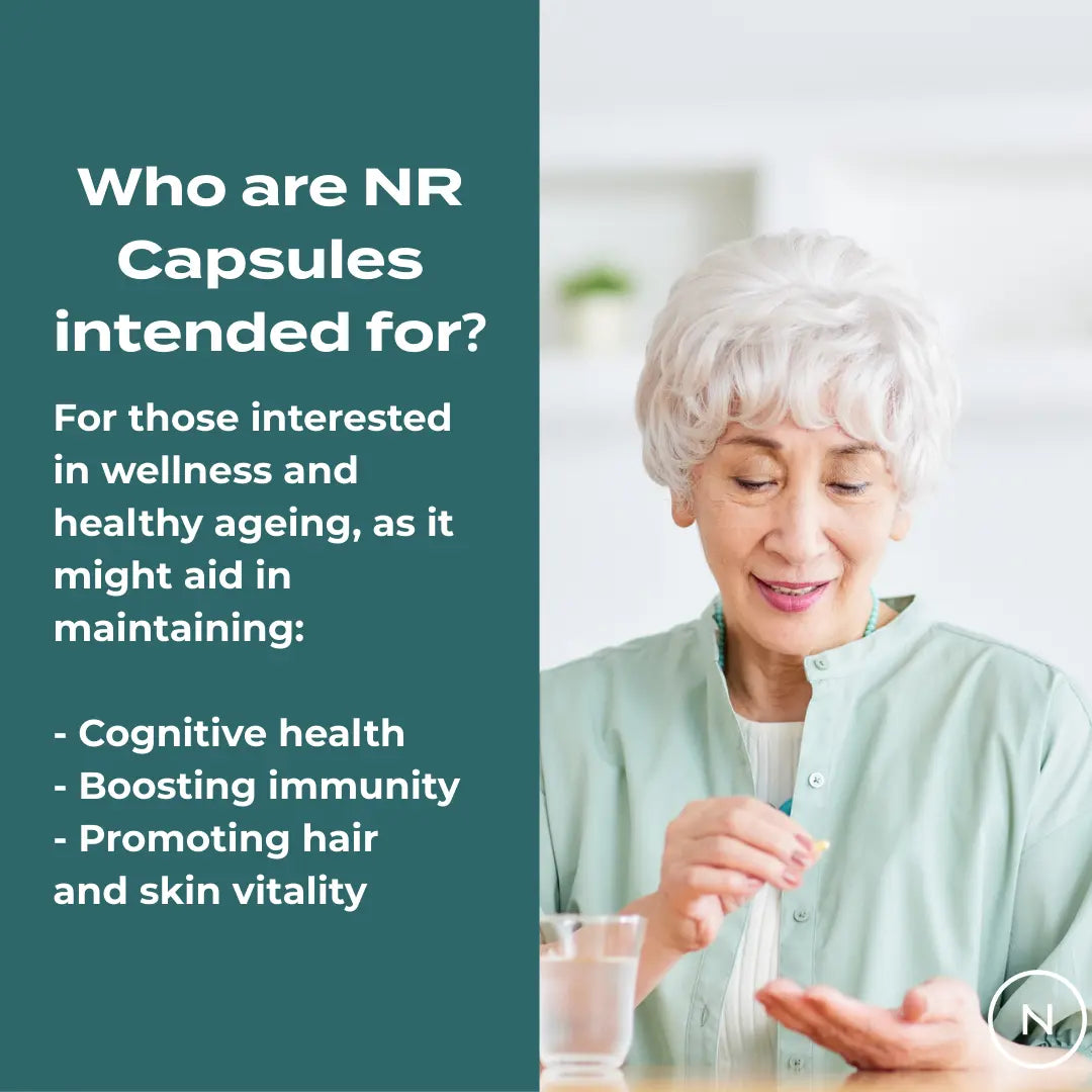 Who are NR Capsules intended for? – elderly woman taking supplement at kitchen table with glass of water, intended for those interested in wellness and healthy ageing: cognitive health, immunity, hair and skin vitality