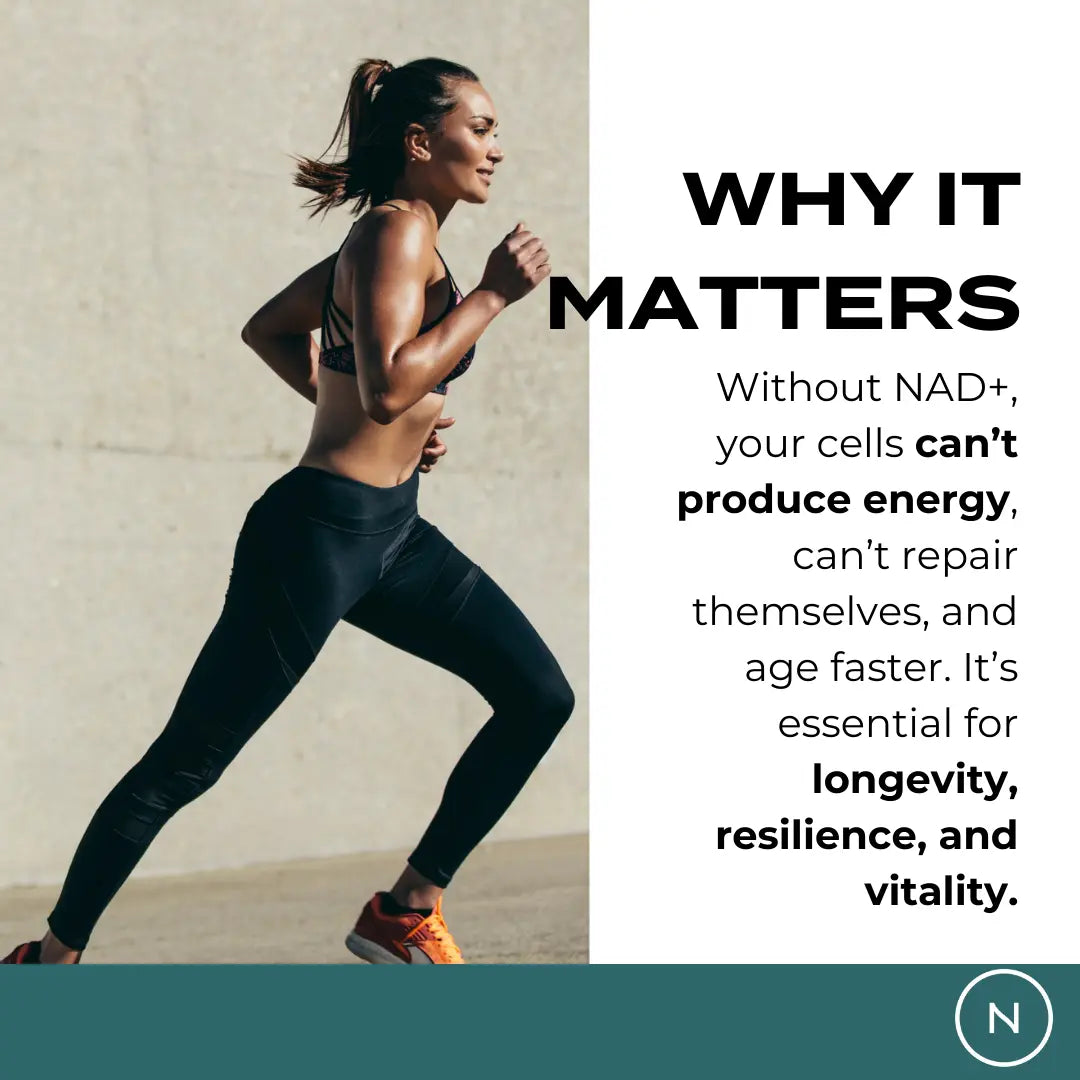 Why NAD+ matters – woman running, explaining that without NAD+ cells cannot produce energy or repair themselves and age faster; essential for longevity, resilience and vitality