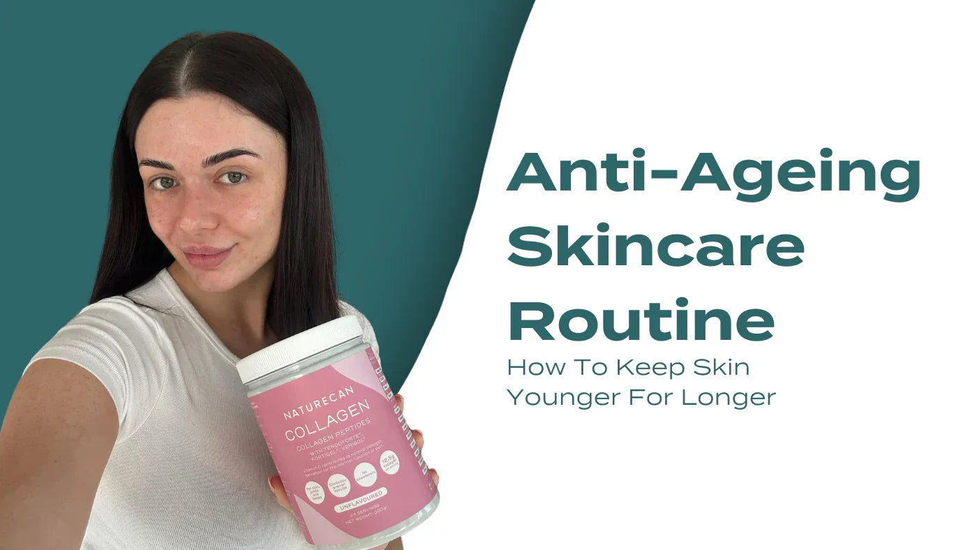 Blog banner for Anti-Ageing Skincare Routine article – woman holding a pink Naturecan Collagen Peptides tub, with text reading Anti-Ageing Skincare Routine: How To Keep Skin Younger For Longer