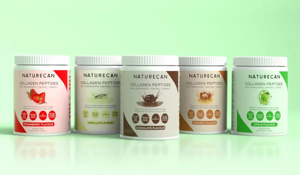 Five Naturecan Collagen Peptides tubs in a row – Strawberry, Vanilla, Chocolate, Caramel, and Apple flavours – displayed against a mint green background