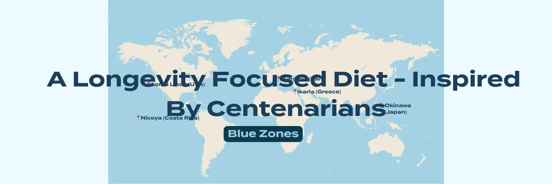 World map infographic highlighting the five Blue Zone locations – Loma Linda USA, Ikaria Greece, Okinawa Japan, Nicoya Costa Rica, and Sardinia – with text reading A Longevity Focused Diet – Inspired By Centenarians