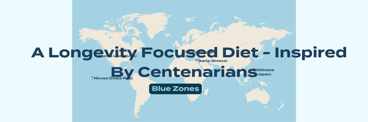 World map infographic highlighting the five Blue Zone locations – Loma Linda USA, Ikaria Greece, Okinawa Japan, Nicoya Costa Rica, and Sardinia – with text reading A Longevity Focused Diet – Inspired By Centenarians