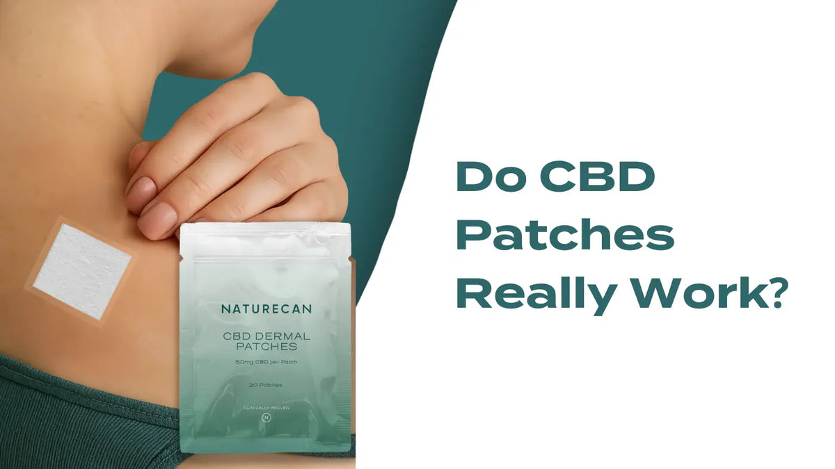 Blog banner for CBD patches article – woman applying a white transdermal patch to her side, with a Naturecan CBD Dermal Patches pack and text reading Do CBD Patches Really Work