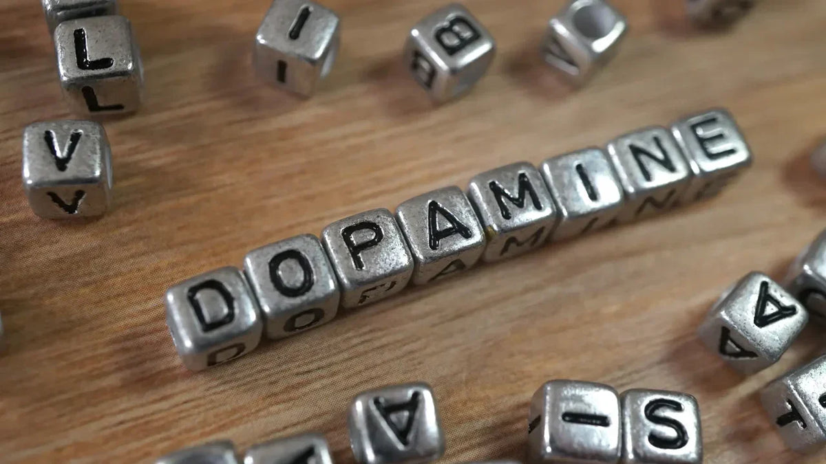 Silver metal letter cubes spelling out DOPAMINE on a wooden surface with scattered letter cubes around them