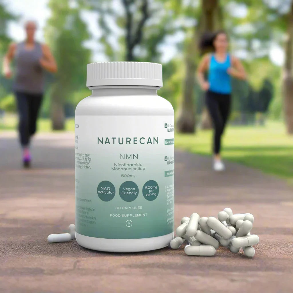 Naturecan NMN Nicotinamide Mononucleotide 500mg supplement bottle with white capsules spilled in front, and two people jogging in a sunlit park in the background