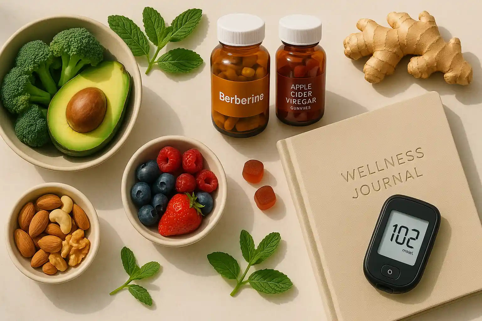 Flat lay wellness scene featuring Berberine and Apple Cider Vinegar supplement bottles, avocado, mixed berries, nuts, ginger, broccoli, mint leaves, a glucose meter reading 102, and a wellness journal