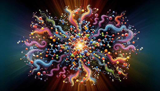 Vibrant digital art illustration of colourful molecular and amino acid chains radiating outward from a glowing central point, representing complex biochemical structures on a dark background