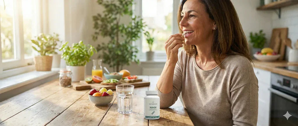 Smiling middle-aged woman taking a supplement at a bright kitchen table with a Naturecan NMN bottle and glass of water, with fruit and plants in the background