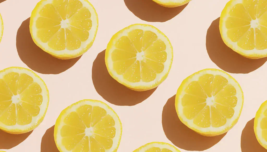 Flat lay pattern of halved yellow lemons with vivid cross-sections on a peach background, illustrating the citrus flavour of clear whey protein lemonades