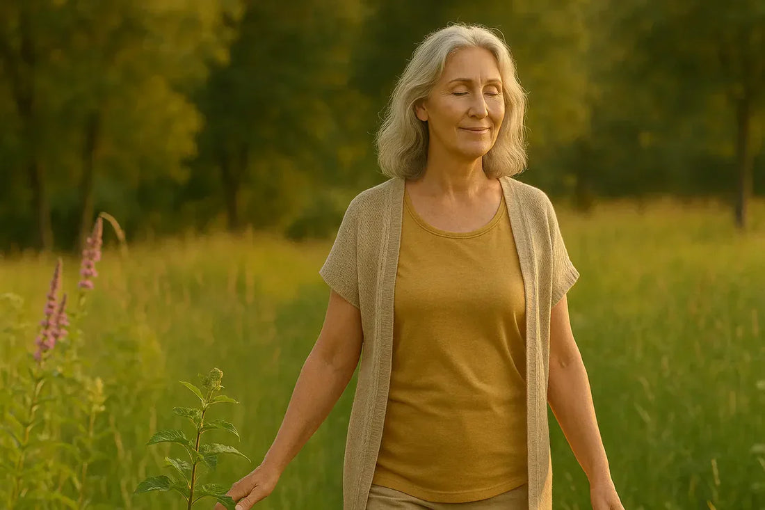 Mature woman with silver hair walking peacefully through a sunlit meadow with wildflowers, representing natural wellbeing during menopause