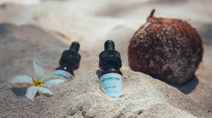 Two Naturecan CBD 3% Oil dropper bottles placed in beach sand next to a white tropical flower and a coconut shell