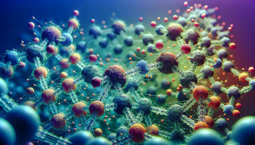 Digital art illustration of colourful molecular structures with interconnected nodes and bonds in blue, green, pink and orange against a dark background