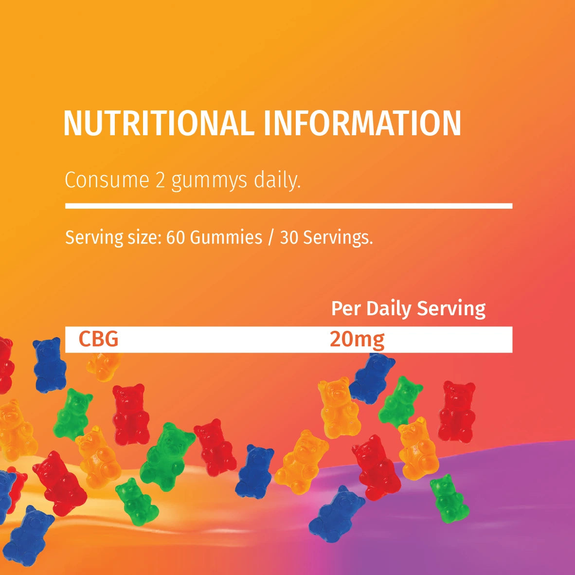 CBG Gummies nutritional information infographic – orange gradient background with colourful gummy bears, serving size 60 gummies per 30 servings, consume 2 gummies daily, CBG 20mg per daily serving