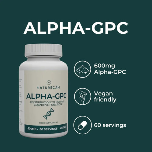 Alpha-GPC product highlights infographic – teal background with bottle and three callouts: 600mg Alpha-GPC per serving, vegan friendly, 60 servings