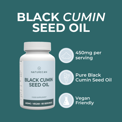 Black Cumin Seed Oil product highlights infographic – teal and dark background with bottle and three callouts: 450mg per serving, pure black cumin seed oil, vegan friendly