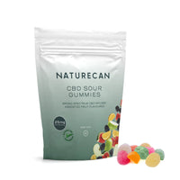 Naturecan CBD Sour Gummies – resealable silver pouch, broad spectrum CBD infused assorted fruit flavoured gummies, 25mg per gummy, suitable for vegetarians, zero THC