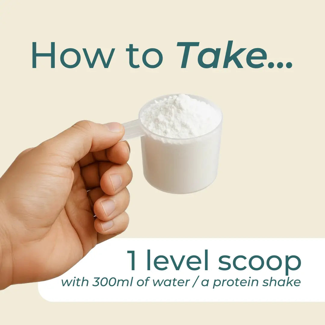 How to take Egg White Protein Powder infographic – cream background with hand holding a level scoop of white powder; 1 level scoop with 300ml of water or a protein shake