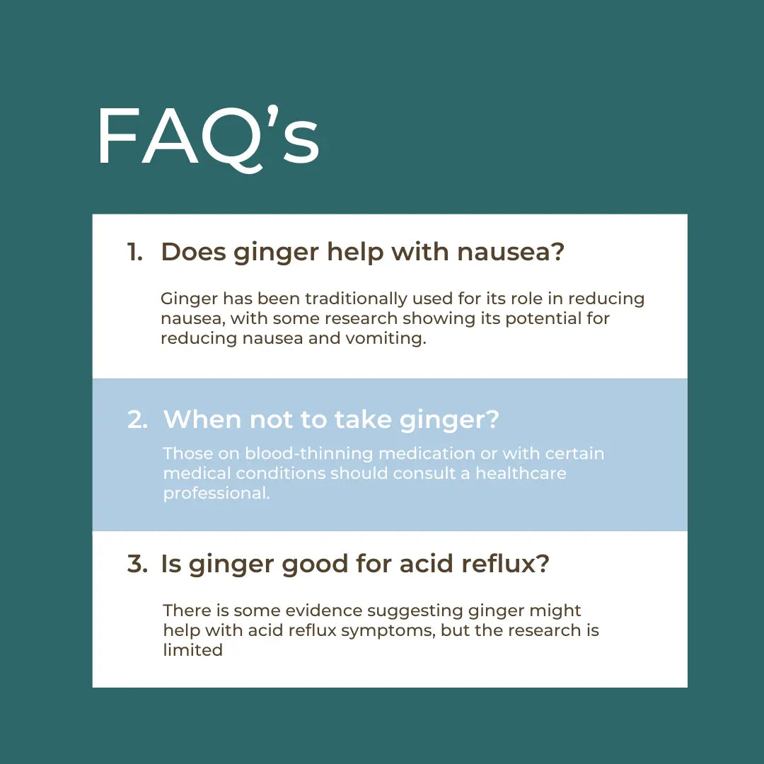 Organic Ginger Capsules FAQ infographic – teal background with three questions: does ginger help with nausea (traditionally used to ease nausea, some research supports reducing nausea and vomiting), when not to take ginger (blood-thinning medication or certain medical conditions), is ginger good for acid reflux (some evidence but limited research available)