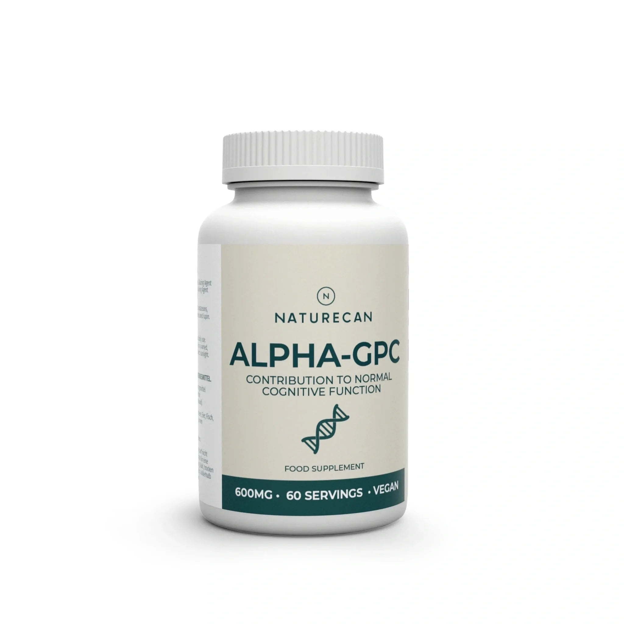 Naturecan Alpha-GPC Supplement – white and cream bottle with teal label, Alpha-GPC contributing to normal cognitive function, DNA helix icon, food supplement, 600mg, 60 servings, vegan