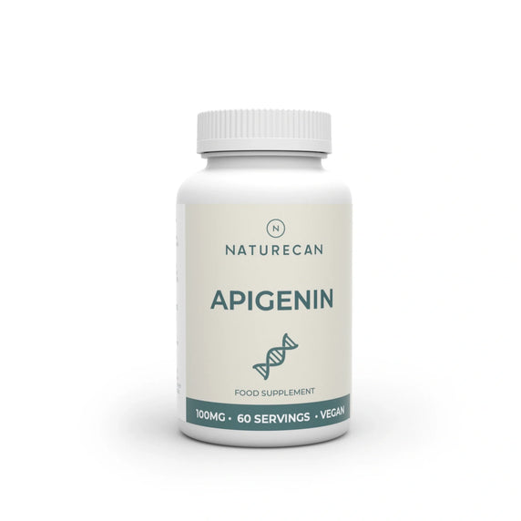 Naturecan Apigenin Supplement – white and cream bottle with teal label, Apigenin with DNA helix icon, food supplement, 100mg, 60 servings, vegan