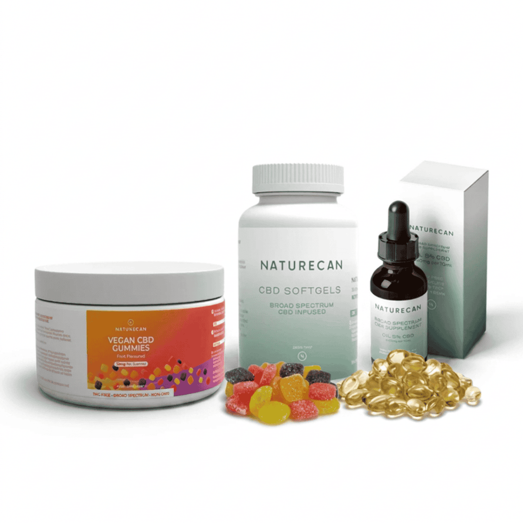 Naturecan CBD wellness kit featuring a jar of vegan CBD gummies, a bottle of broad spectrum CBD oil, a dropper bottle, a box, and loose gummy and softgel capsules on a white background.