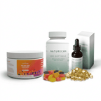 Naturecan CBD wellness kit featuring a jar of vegan CBD gummies, a bottle of broad spectrum CBD oil, a dropper bottle, a box, and loose gummy and softgel capsules on a white background.