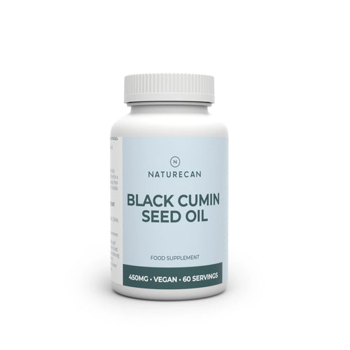 Naturecan Black Cumin Seed Oil – white and light blue bottle with capsule icon, Black Cumin Seed Oil, food supplement, 450mg, vegan, 60 servings