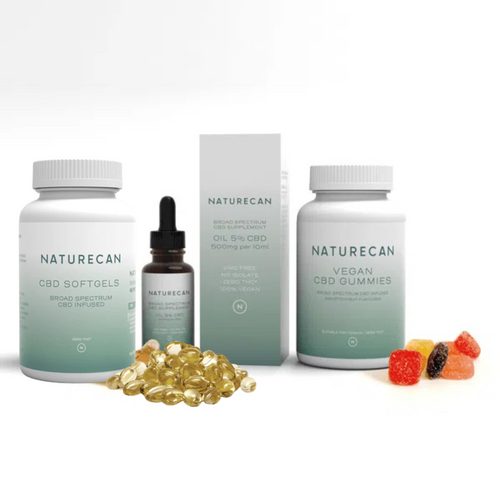 Naturecan CBD Beginner's Bundle – CBD Softgels bottle, CBD Oil 5% dropper bottle and Vegan CBD Gummies tub with loose gummies
