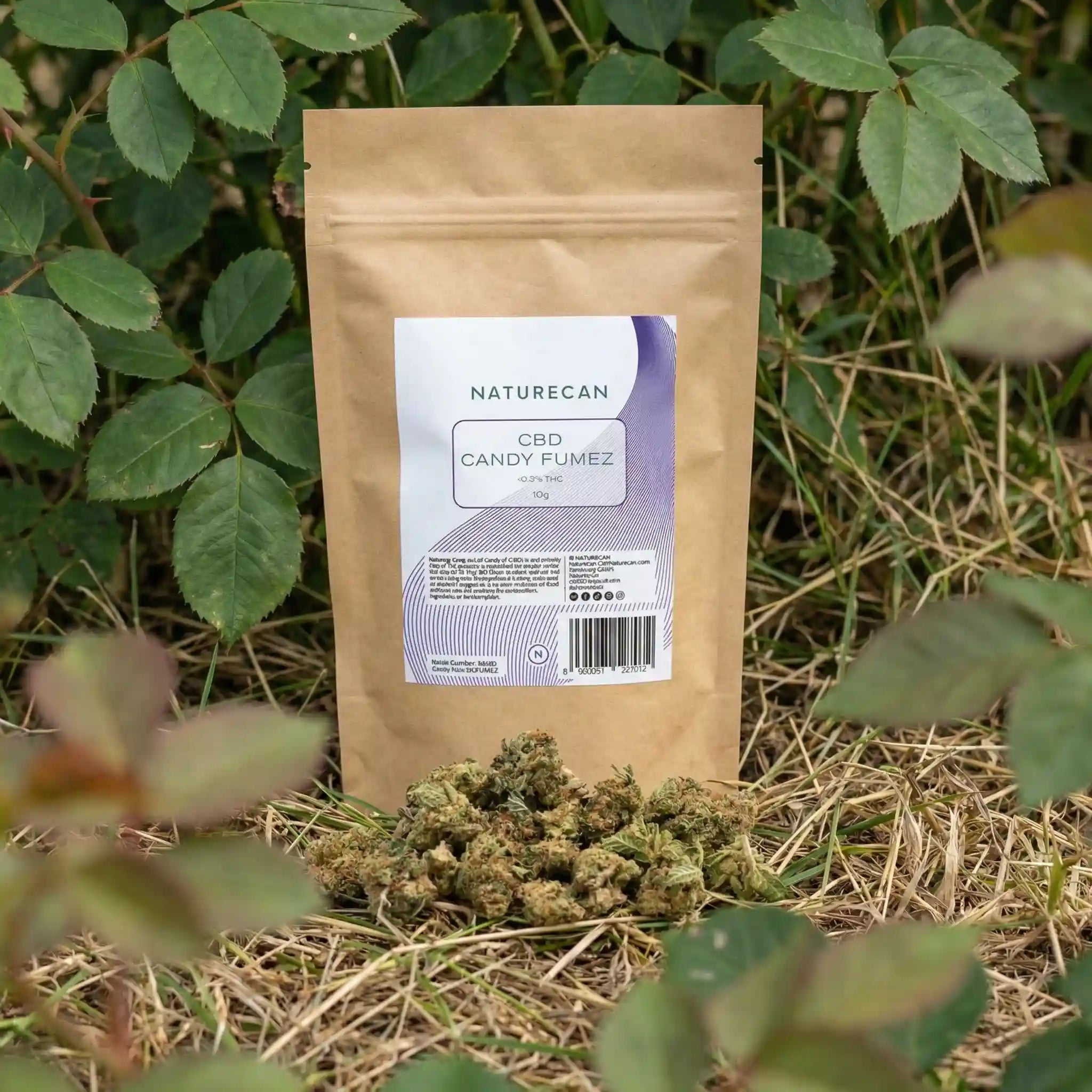 Naturecan CBD Candy Fumez lifestyle – kraft paper pouch with white and purple label, CBD Candy Fumez 10g, photographed outdoors surrounded by green foliage and dried grass with CBD flower buds
