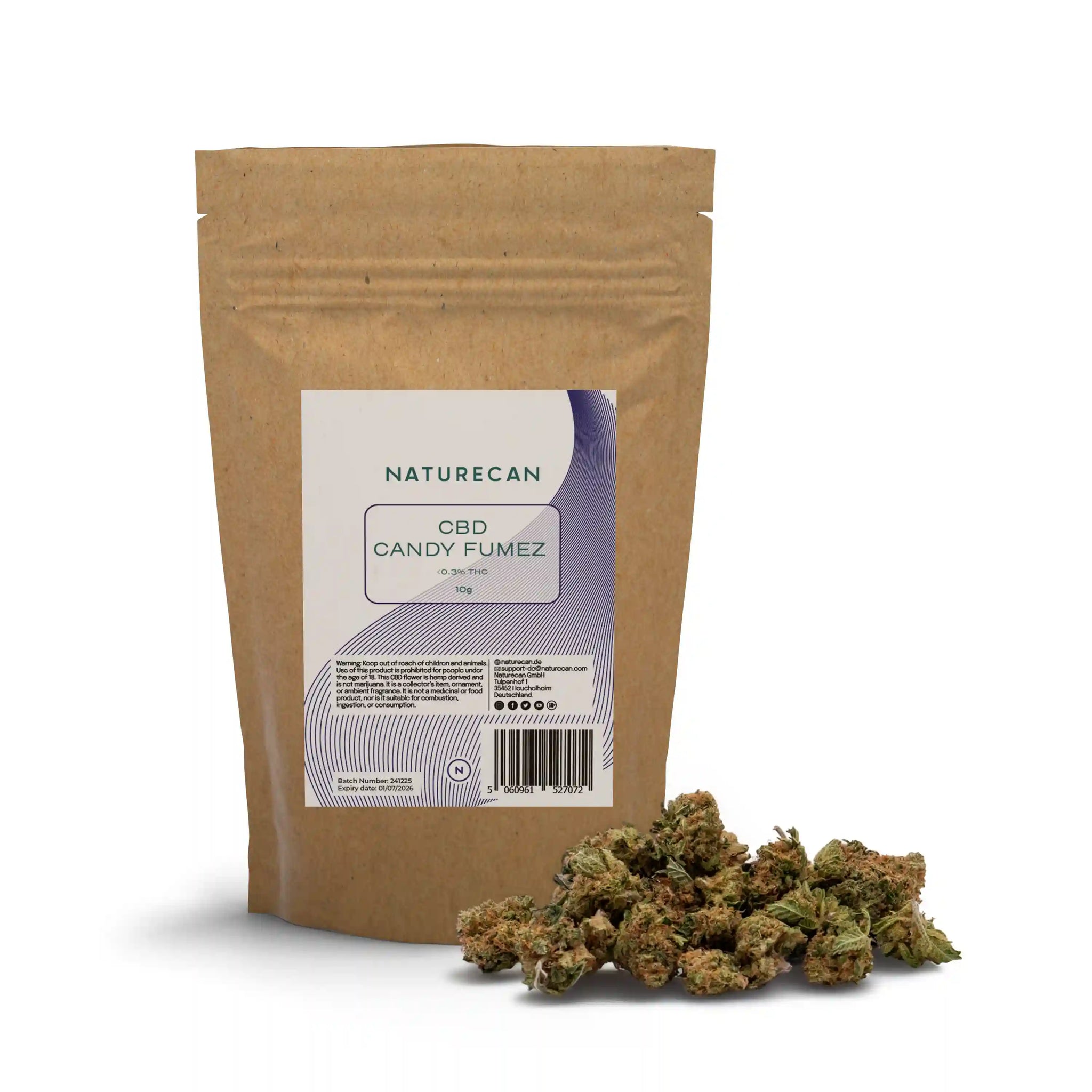 Naturecan CBD Candy Fumez – kraft paper stand-up pouch with white and purple label, CBD Candy Fumez 10g, with dried CBD flower buds displayed in front on white background