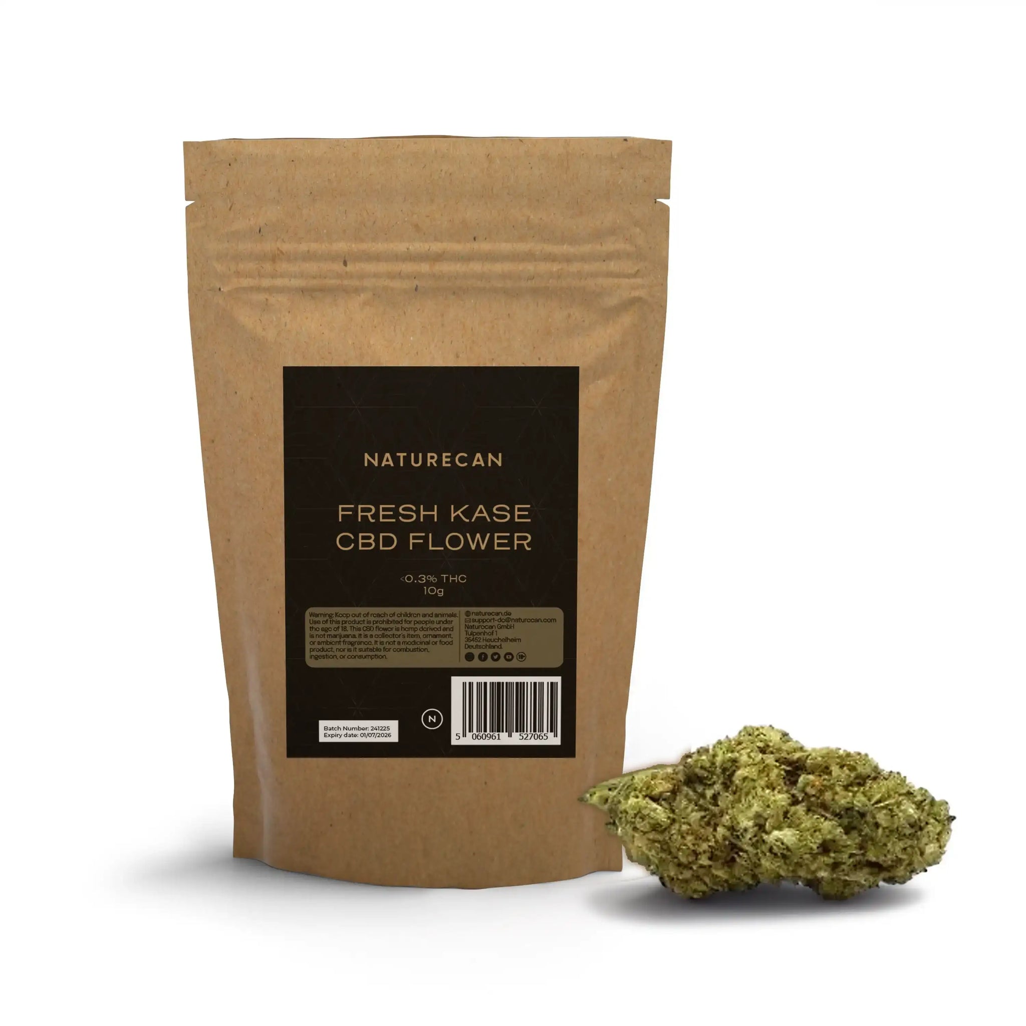 Naturecan Fresh Kase CBD Flower – kraft paper stand-up pouch with dark label, Fresh Kase CBD Flower less than 0.3% THC 10g, with a large CBD flower bud displayed beside it on white background